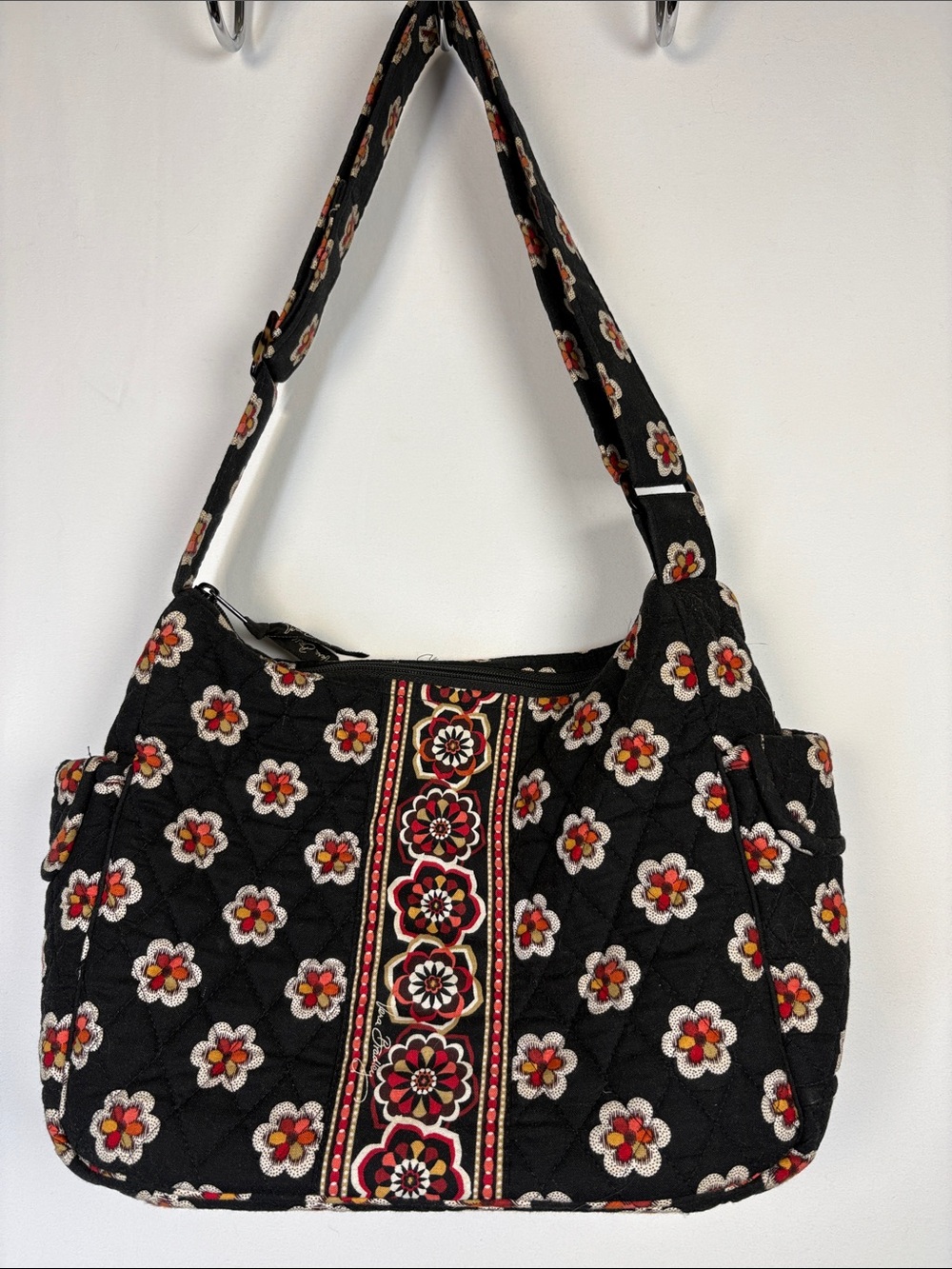 VERA BRADLEY Black Floral Pirouette Quilted Adjustable Strap Satchel Bag